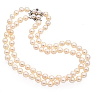 Vintage 14K White Gold Pearl and Diamond Beaded Double-Strand Necklace - Picture 1 of 6