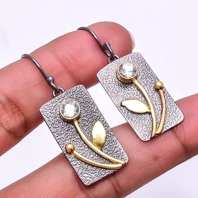 Pendiente enchapado en rodio de plata 925 con piedras preciosas de topacio blanco negro y oro 1,56" E17 Foto 1 de 4