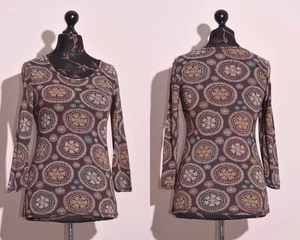 Gudrun Sjoden Women's Long Sleeve Top Tee Brown Viscose Ethnic Geometric Print S - Picture 1 of 6