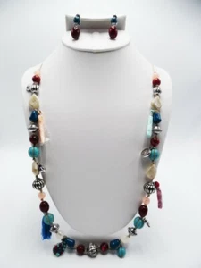 Juego de collar y pendiente con cuentas multicolores cuerda bronceada clip - Imagen 1 de 6