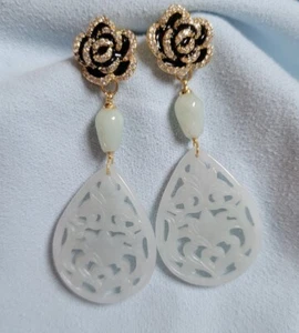 Jade drop earrings Gold plated silver hanging natural white Jade craft flowers - Picture 1 of 12