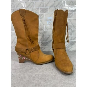 Seychelles Suede Cowboy Boots Size 8.5 Brown Embroidered Wedge Harness Fringe - Picture 1 of 13