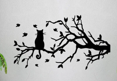 Cat on a Branch With Birds Inspired Pet Animal Wall Art Sticker Decal Vinyl - Image 1 of 4