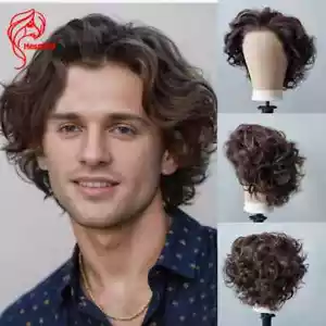 Men's Wig Brazilian Remy Wavy Brown Full Lace Human Hair Short Cut Boy Pixie Wig - Picture 1 of 11