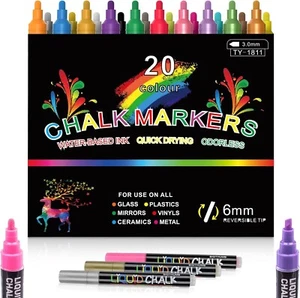 Liquid Chalk Markers 20-Pack 6mm Tip Neon Color Non-Toxic Quick-Drying, Washable - Picture 1 of 7