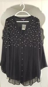 Roamans Formal Blouse Plus Size 24 W Black White Faux Pearls Sheer Overlay New - Picture 1 of 12