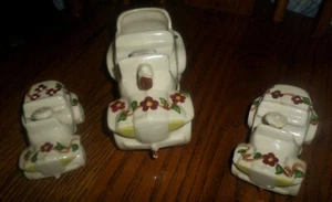 Vintage 3 Stck. Salz/Pfeffer Shaker Set mit Zahnstocher Halter Antik Autos Blumenmuster - Bild 1 von 5