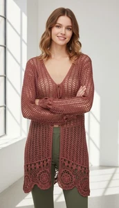 Maglione cardigan lavorato a mano Kroshetta by Papillon marrone taglia XL - Foto 1 di 9