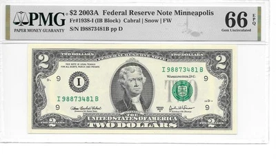 2003A Minneapolis $2 FRN  IB Block Sheet Note PMG 66 EPQ Gem Uncirculated - Image 1 of 4