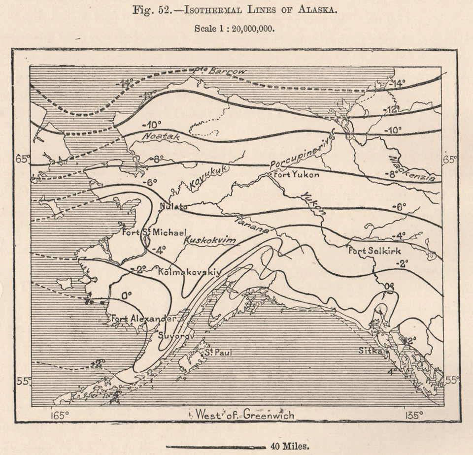 Líneas isotérmicas de Alaska 1885 antiguo antiguo mapa plano gráfico Foto 1 de 1