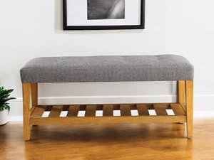 40" Gray and Brown Upholstered Linen Blend Bench with Shelves - Picture 1 of 6