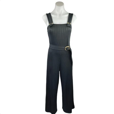 Topshop Anita Black Ribbed Belted Wide Leg Square Neck Sleeveless Jumpsuit Sz 4 - Image 1 of 4