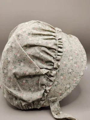 Primitive Prairie Child Bonnet  Cotton Sage Green Calico Print - Image 1 of 4