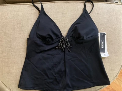Vintage DKNY Women's Black Beaded V Neck Tankini Swim Top Size Small NWT - Image 1 of 4
