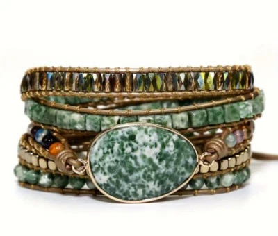 Brazalete envolvente cuerda ajustable con cuentas de 5 capas de piedra de jaspe manchado verde boho  Foto 1 de 4