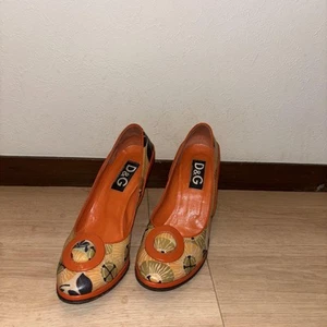 D&G Dolce & Gabbana Round Toe Flower Print Heel Pumps Orange/Beige 24cm - Picture 1 of 4