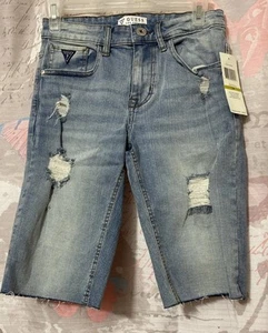 GUESS Blue Denim Cut Off Shorts Bermuda YOUTH GIRLS Sz 14 Acid Wash Raw Hem NWT - Picture 1 of 13