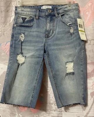 GUESS Blue Denim Cut Off Shorts Bermuda YOUTH GIRLS Sz 14 Acid Wash Raw Hem NWT - Image 1 of 4