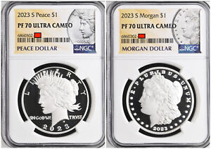 2x COINS - 2023 S MORGAN -AND- 2023 S PEACE DOLLAR $1 SILVER PROOF SET NGC  PF70