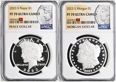 2x COINS - 2023 S MORGAN -AND- 2023 S PEACE DOLLAR $1 SILVER PROOF SET NGC  PF70 - Image 1 of 2