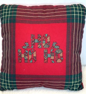 Cross Stitch Christmas Throw Pillow Ho Ho Ho Plaid with Red Velvet Back - Picture 1 of 4