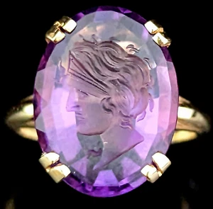 Vintage Amethyst Intaglio 14k Yellow Gold Statement Ring Cameo Grecian Man Gift - Picture 1 of 12