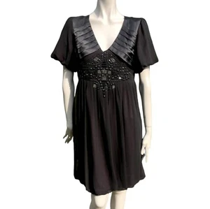 WALLIS Dress Sze 12 Black Silk Chiffon Satin Beaded Retro 20s Flapper Deco Shift - Picture 1 of 12