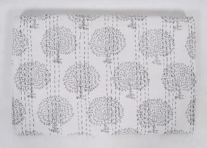 Block Print Queen Size Kantha Quilt Indian Handmade Bedspread Throw Cotton Gudri - Picture 1 of 4