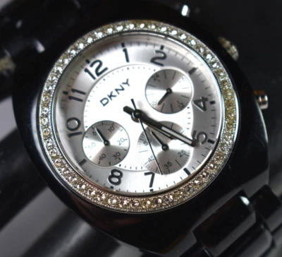 Reloj para mujer DKNY negro estrás cristal cronógrafo correa negra ¡BATERÍA NUEVA! Foto 1 de 4