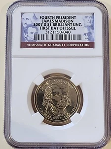 2007 D $1 JAMES MADISON BRILLIANT UNCIRCULATED FIRST DAY OF ISSUE - Picture 1 of 3