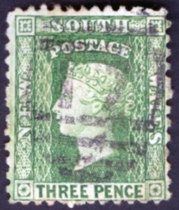 New South Wales Sc 34 3d Green 1856 Watermark Large Crown & NSW Used - Picture 1 of 2