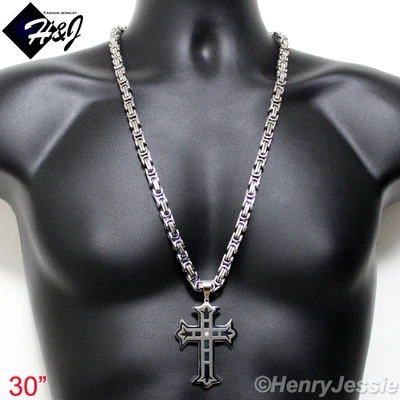 30"MEN Stainless Steel 9mm Silver Byzantine Box Link Chain CZ Cross Pendant*L5 - Image 1 of 4