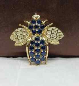 2Ct Round Simulated Blue Sapphire Bee Brooch Pin 14K Yellow Gold Plated Silver