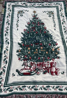 Vintage Christmas Tree Holiday Holly Throw Blanket Tapestry 66"x46" Fringe - Image 1 of 2