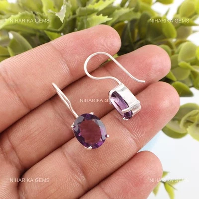 925 Argento Ametista Pietra Cyber Monday Boho Pendente Art Déco Orecchini Gioie - Immagine 1 di 4