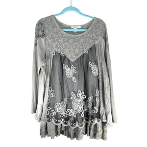Top túnica Feratelli gris boho de encaje XL, floral bordado estilo romántico en capas - Imagen 1 de 5