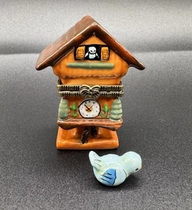Vintage “Cuckoo Clock with Bluebird Trinket” Porcelain Hinged Trinket Mini Box - Picture 1 of 9