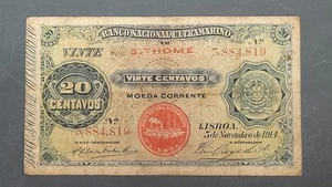 RARE PORTUGAL Portuguese SÃO TOMÉ AND PRÍNCIPE 20 CENTAVOS 1914 Bank Note - Picture 1 of 4
