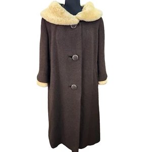 Vtg Stevens Forstmann Coat LARGE Leakas Furriers Dayton OH Brown Tan Fur Collar - Picture 1 of 19