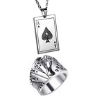 Men's Stainless Steel Poker Card Spade Pendant Necklace Ring Band Jewelry Set