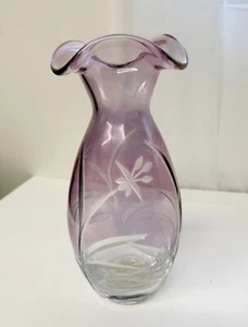 Lenox Vase Amethyst Etched Crystal Glass Petite Floral Ruffled Edge Cut to Clear - Picture 1 of 7