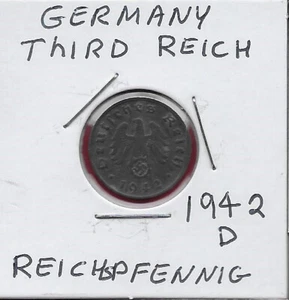 GERMANY THIRD REICH 1 REICHSPFENNIG 1942-D SWASTIKA BELOW THE EAGLE,DATE BELOW,e - Picture 1 of 2