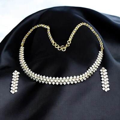 Splendid 2.92 Cts Round Brilliant Diamonds 3-Row Necklace Earrings Set 14K Gold - Image 1 of 4