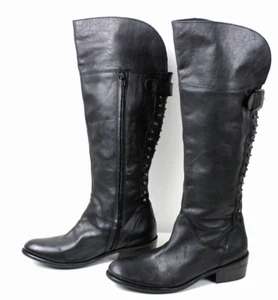 BX by Bronx Grove Black Leather Knee High Tall Studded Rivet Boots Size 9.5 - Picture 1 of 7