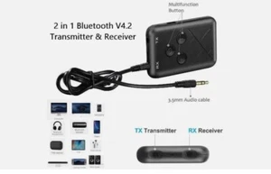 Transmitter Receiver Adapter 2in1 Wireless Bluetooth Stereo Audio 3.5mm Aux TV - Picture 1 of 12
