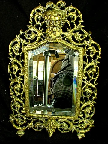 ANTIQUE BRASS MIRROR *BACCUS MASK* BEVELED GLASS c.1880 Cover