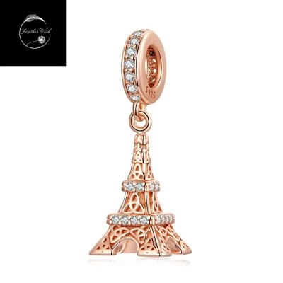 Rose Gold Charm Sterling Silver 925 Love Paris Eiffel Tower Dangle Pendant -Wife - Image 1 of 4