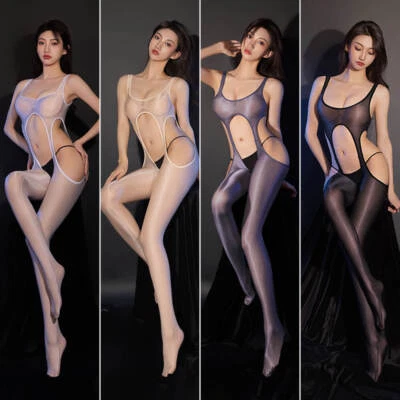 Womens Shiny Glossy Bodysuit See Through Jumpsuit Hollow Out Tights Bodystocking - Image 1 of 4