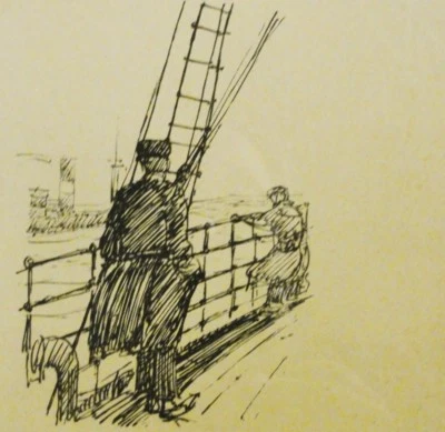 unleserlich signiert - antik-Lithographie 1925: ZWEI MATROSEN AN DER RELING  - Bild 1 von 4