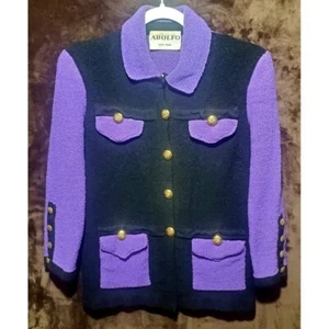 High Fashion Vintage All Wool Adolfo Blazer Jacket Black Purple Gold - Picture 1 of 7
